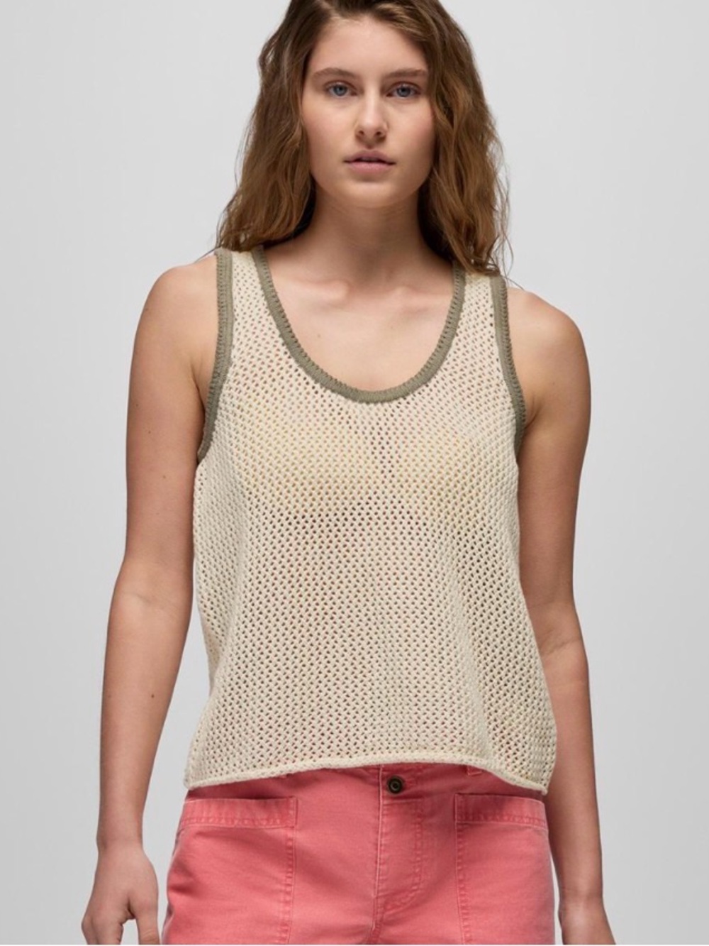 Prana - Cream Knit Mesh Tank with Olive Trim NWT